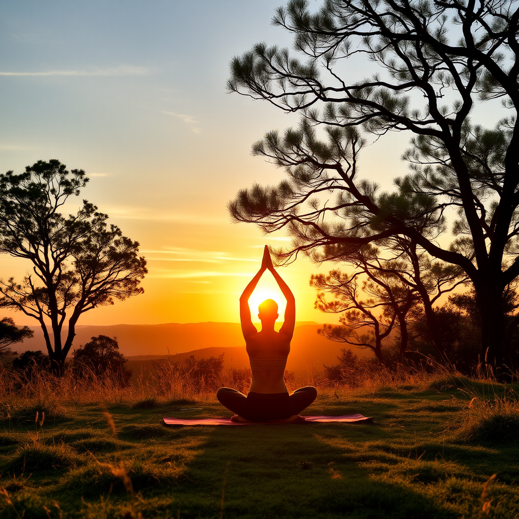 Séance de yoga en pleine nature avec une personne en posture de méditation au coucher du soleil, ambiance zen et paisible