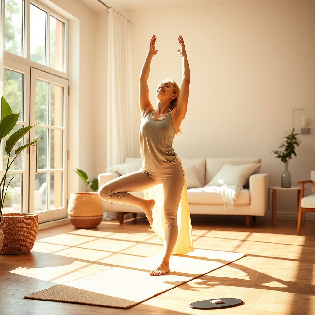 Femme pratiquant le yoga matinal dans un salon lumineux avec des rayons de soleil filtrant par la fenêtre, posture de salutation au soleil sur un tapis de yoga beige