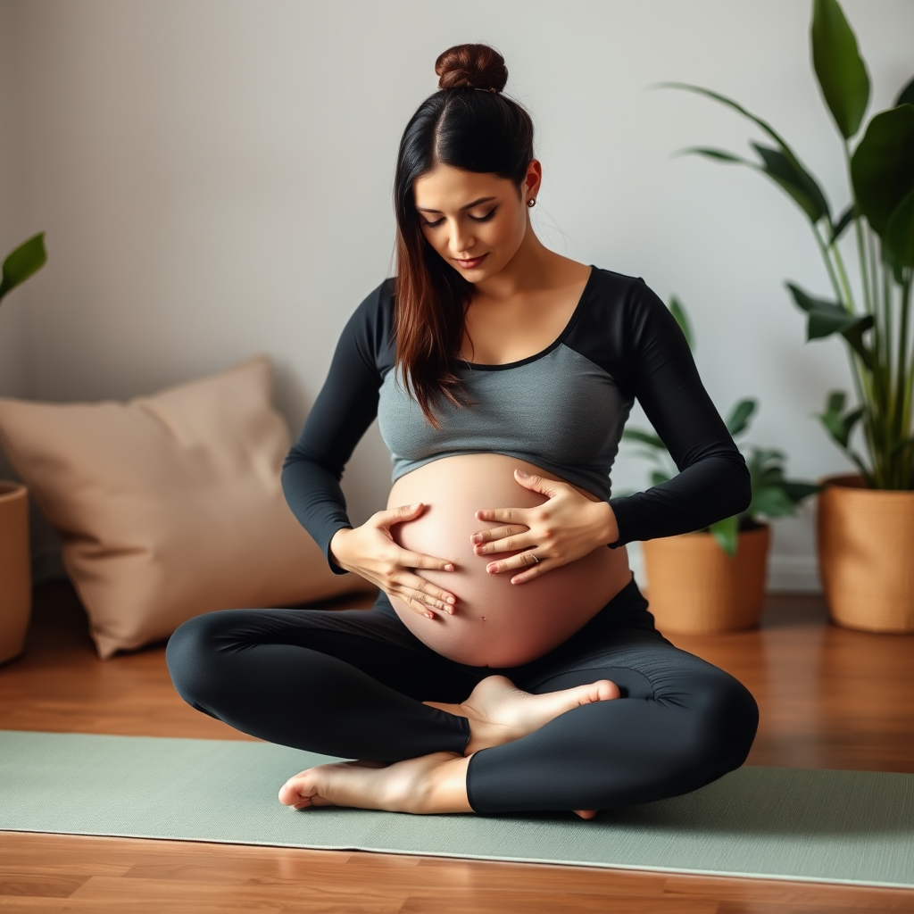 Femme enceinte pratiquant le yoga prénatal dans une position de méditation assise, les mains posées sur son ventre arrondi, dans un environnement serein avec des coussins beiges et des plantes vertes
