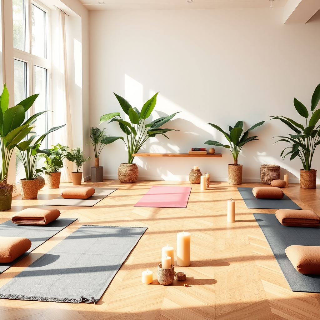 Espace de yoga et méditation aménagé dans un salon lumineux avec tapis de yoga, coussins de méditation, bougies et plantes vertes créant une ambiance zen et apaisante