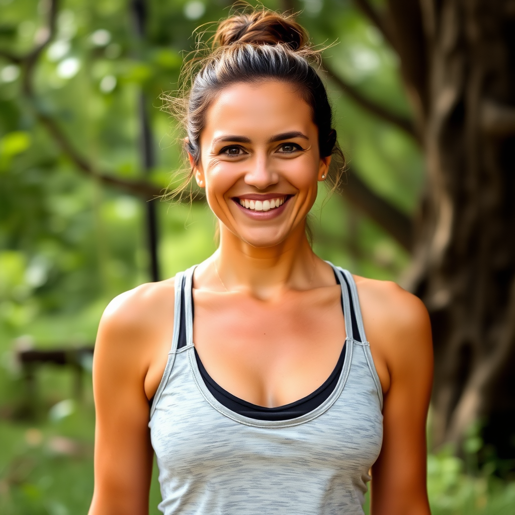 Portrait d'une instructrice de yoga souriante en tenue de yoga dans un environnement naturel