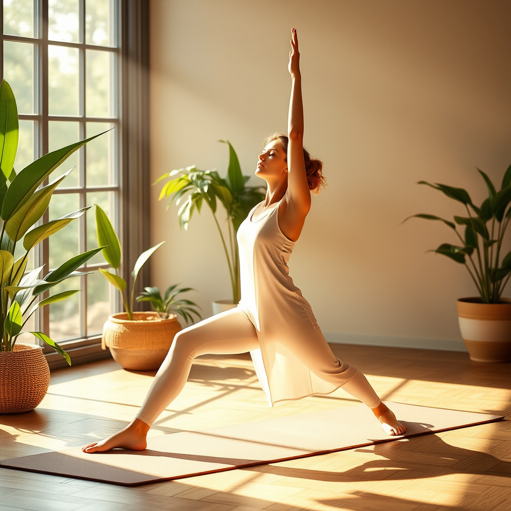 Femme pratiquant des postures de yoga matinal dans un environnement zen avec lumière douce du matin, tapis de yoga, plantes vertes et atmosphère paisible