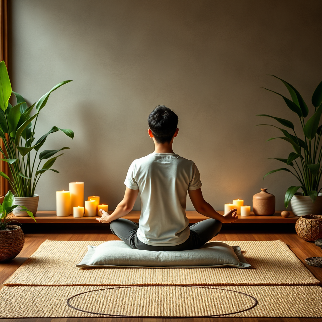 Personne assise en position de méditation dans un espace zen avec coussin de méditation, bougies allumées et plantes vertes créant une atmosphère paisible