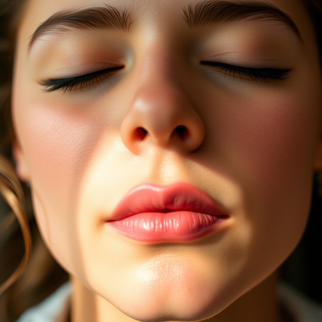 Gros plan sur une personne respirant calmement les yeux fermés avec une expression sereine, focus sur le visage paisible