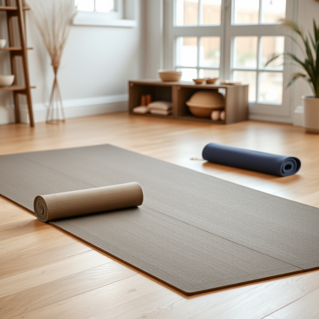Tapis de yoga de qualité en matière naturelle posé sur un sol en bois clair dans un espace lumineux avec des accessoires de méditation