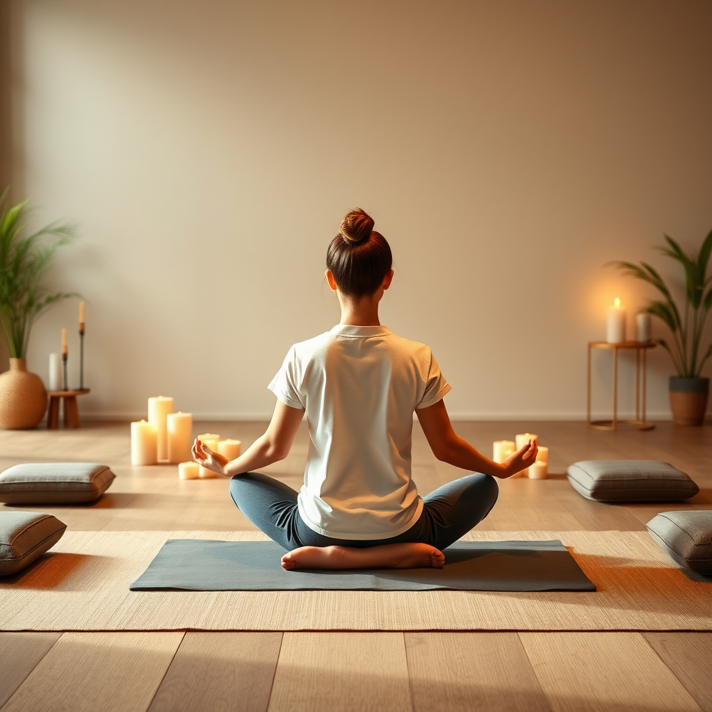 Personne en position de méditation assise en lotus dans un espace calme avec bougies, coussins de méditation, lumière tamisée et ambiance sereine pour débutants