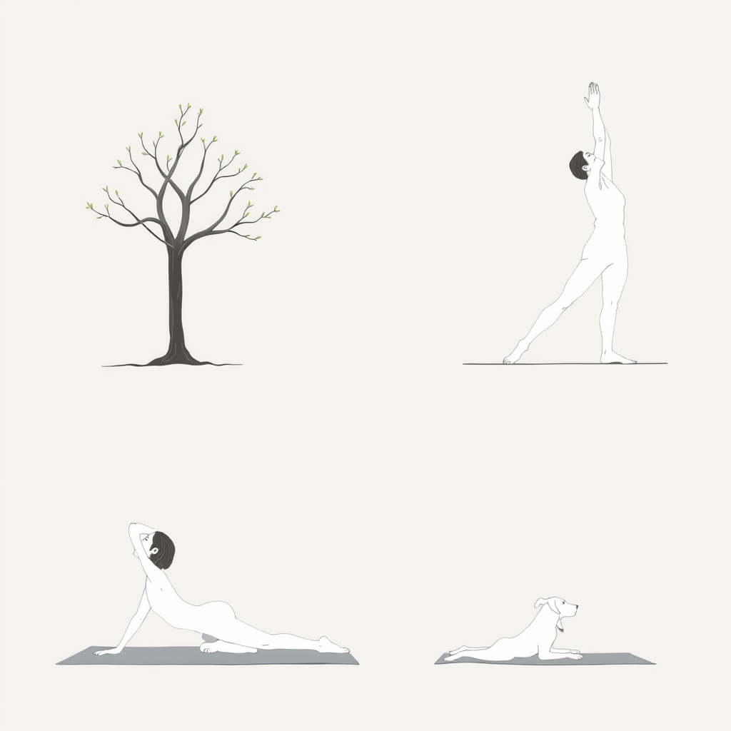 Illustration des principales postures de yoga matinal : posture de l'arbre, guerrier, chien tête en bas et posture de l'enfant, présentées dans un style minimaliste