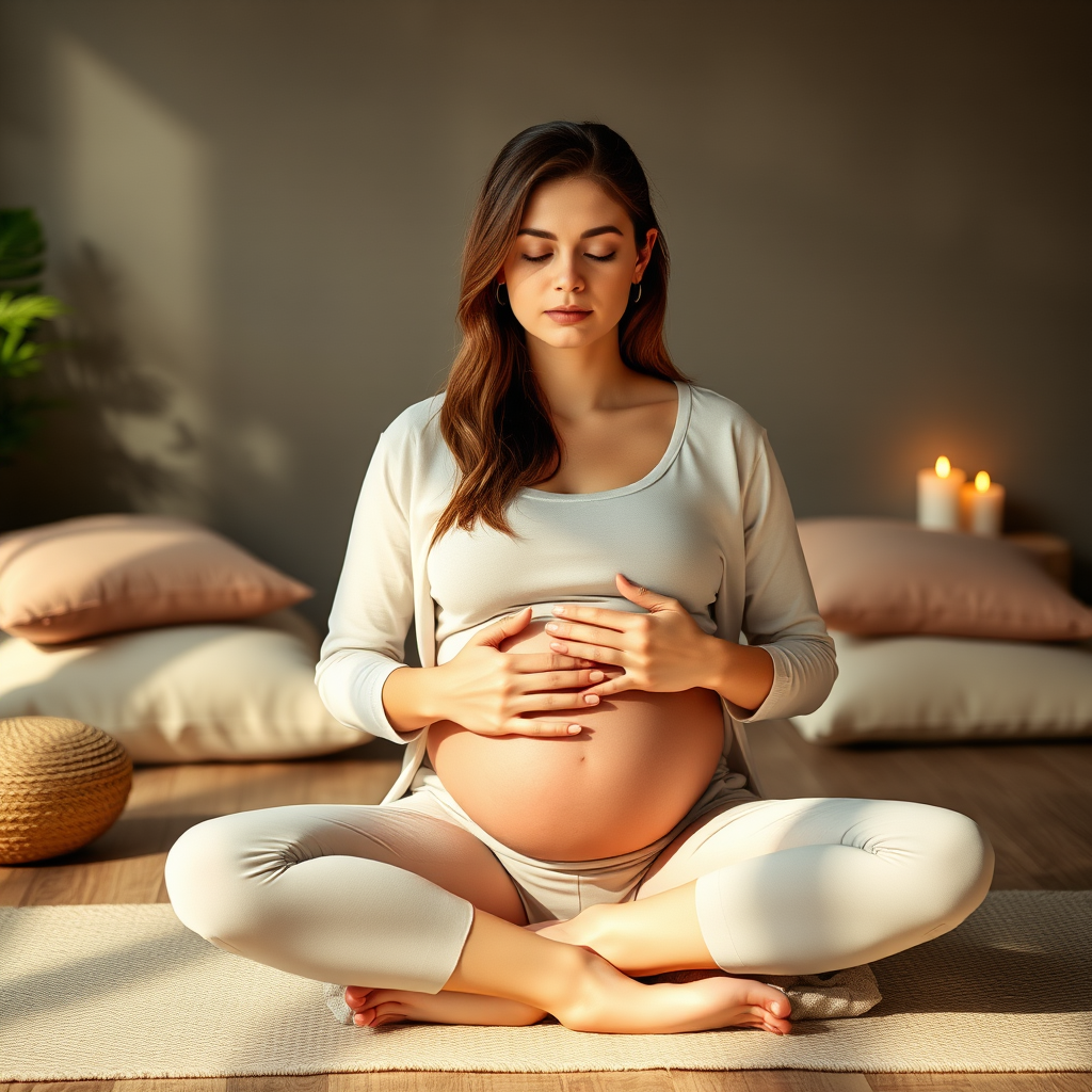 Femme enceinte assise en tailleur, les yeux fermés, pratiquant des exercices de respiration avec les mains posées sur son ventre, dans un environnement zen avec des bougies et des coussins