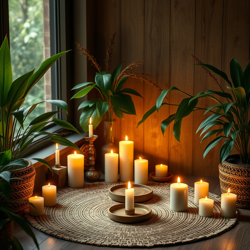 Coin méditation avec bougies allumées, encens, plantes vertes et lumière tamisée créant une atmosphère zen et relaxante