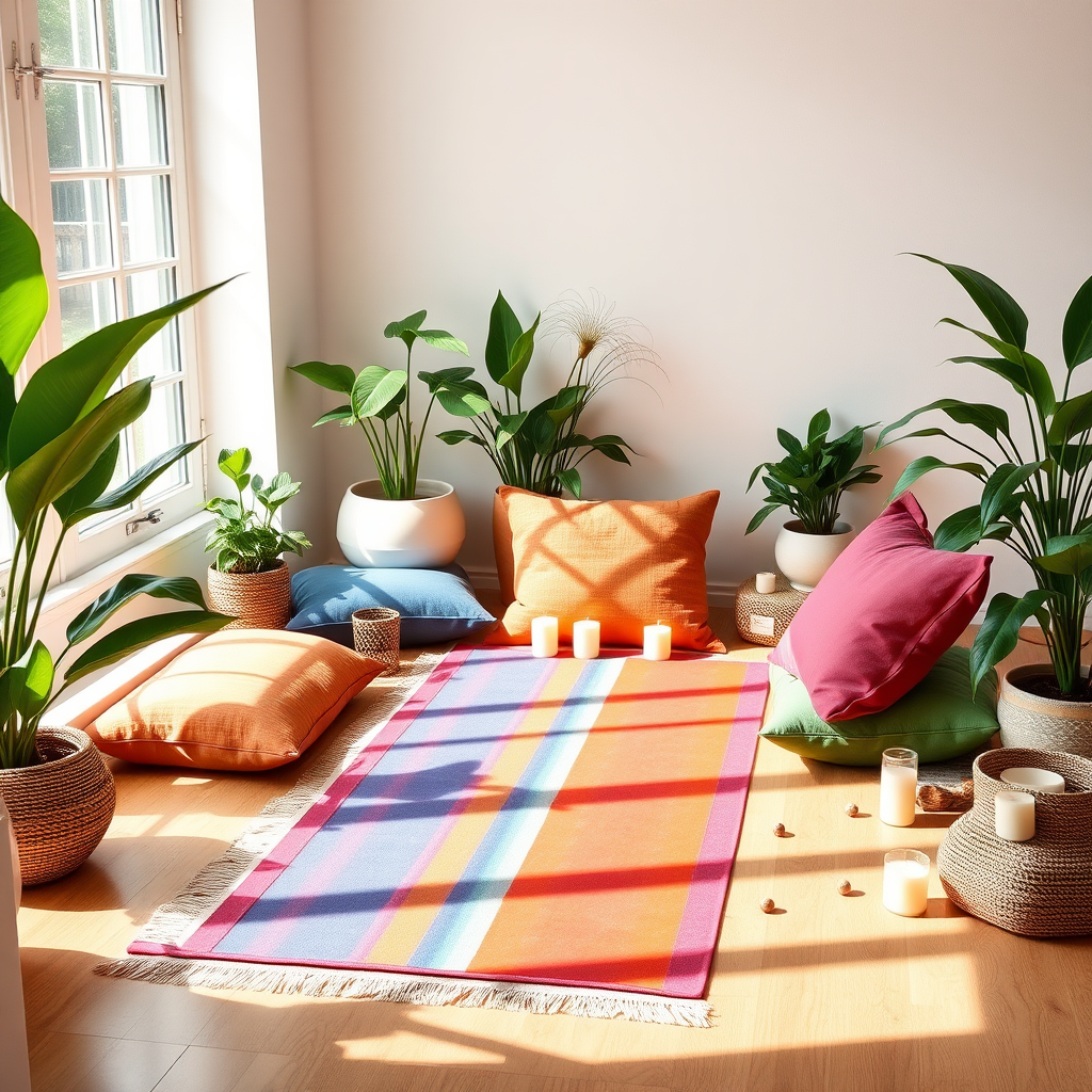 Coin yoga aménagé à la maison avec tapis coloré, coussins de méditation, plantes vertes, bougies et accessoires de yoga dans un espace lumineux et zen