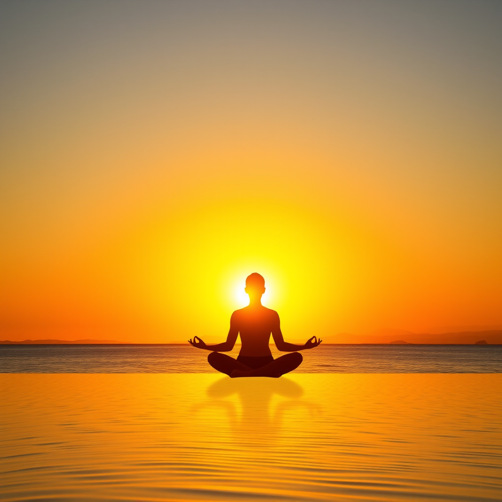 Lever de soleil paisible avec une silhouette en posture de méditation, symbolisant l'harmonie entre la pratique du yoga et le rythme naturel de la journée