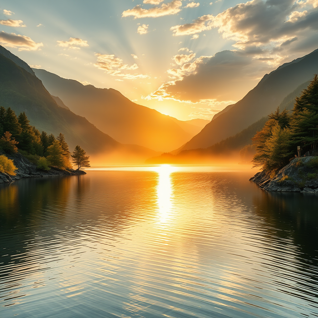 Paysage zen avec lac paisible entouré de montagnes et d'arbres verts, lumière dorée du coucher de soleil, atmosphère sereine