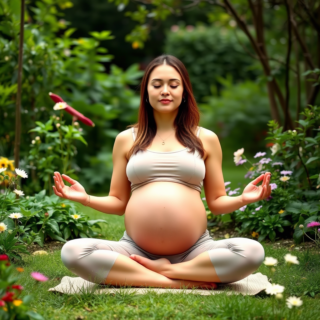 Femme enceinte en méditation assise dans un jardin paisible, les mains en mudra sur ses genoux, entourée de verdure et de fleurs, expression sereine et concentrée