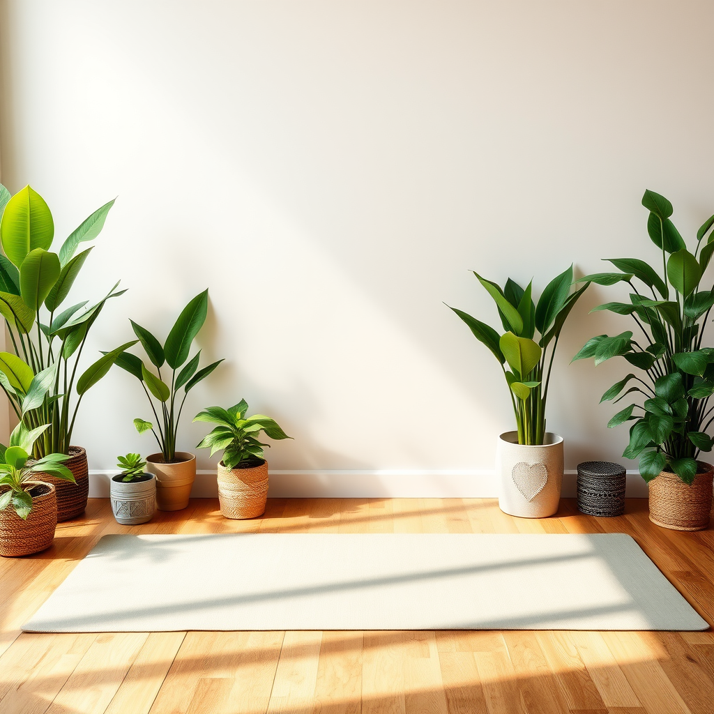 Espace de yoga avec plusieurs plantes vertes purifiantes comme le ficus, la sansevieria et le pothos disposées harmonieusement autour du tapis de yoga