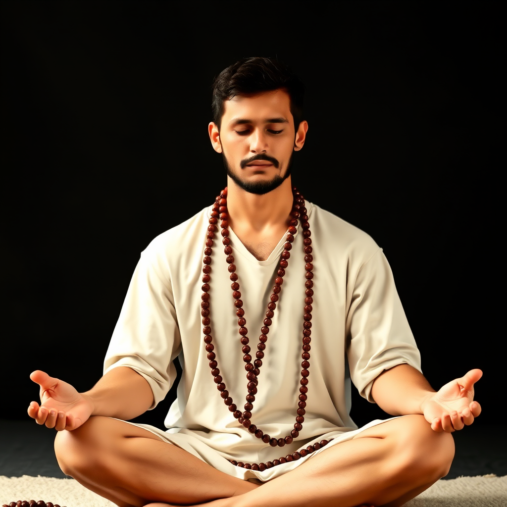 Personne en méditation tenant un mala avec des perles de prière, en position lotus, expression concentrée et paisible