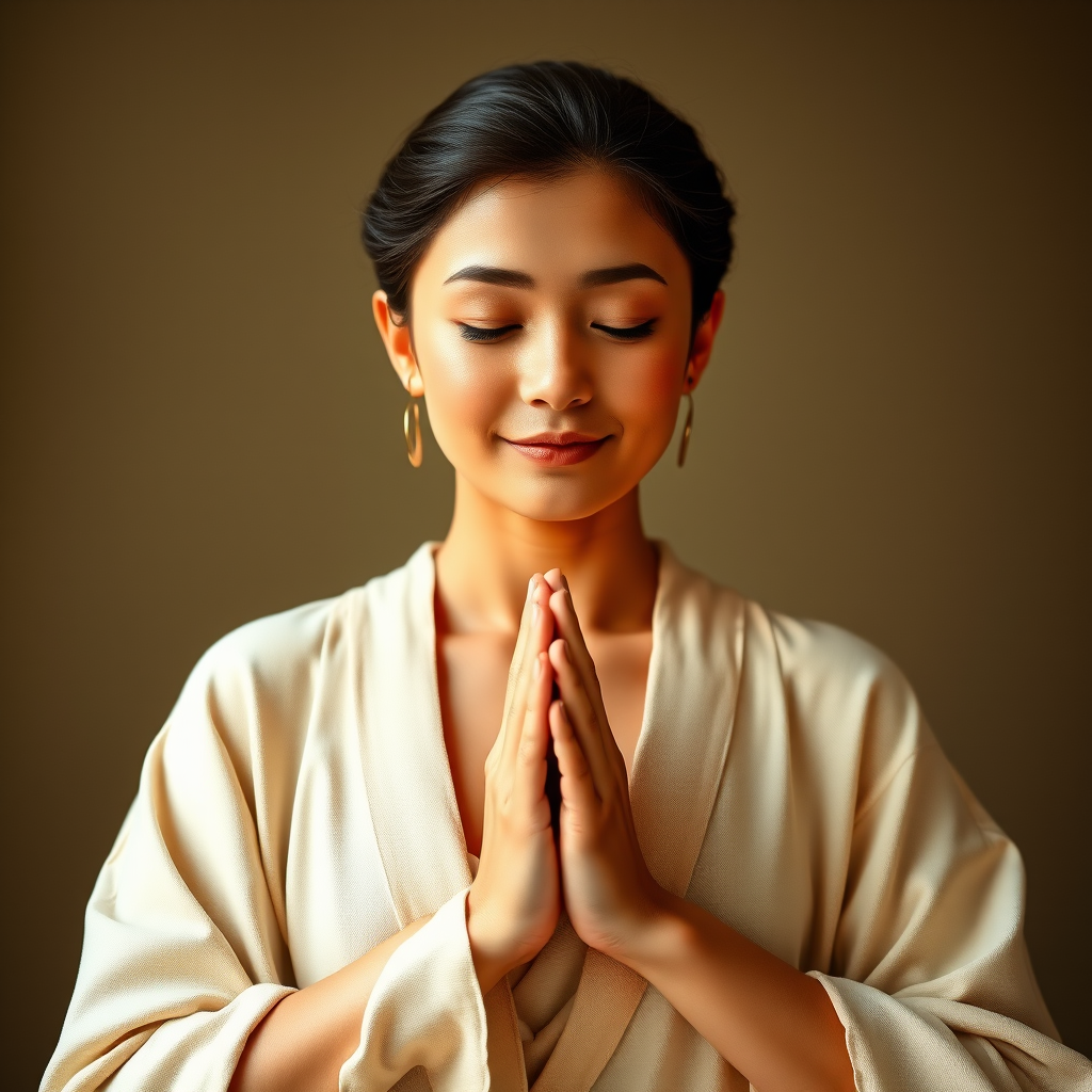 Mains jointes en position de prière mudra devant le coeur, lumière douce, expression bienveillante et sereine sur le visage